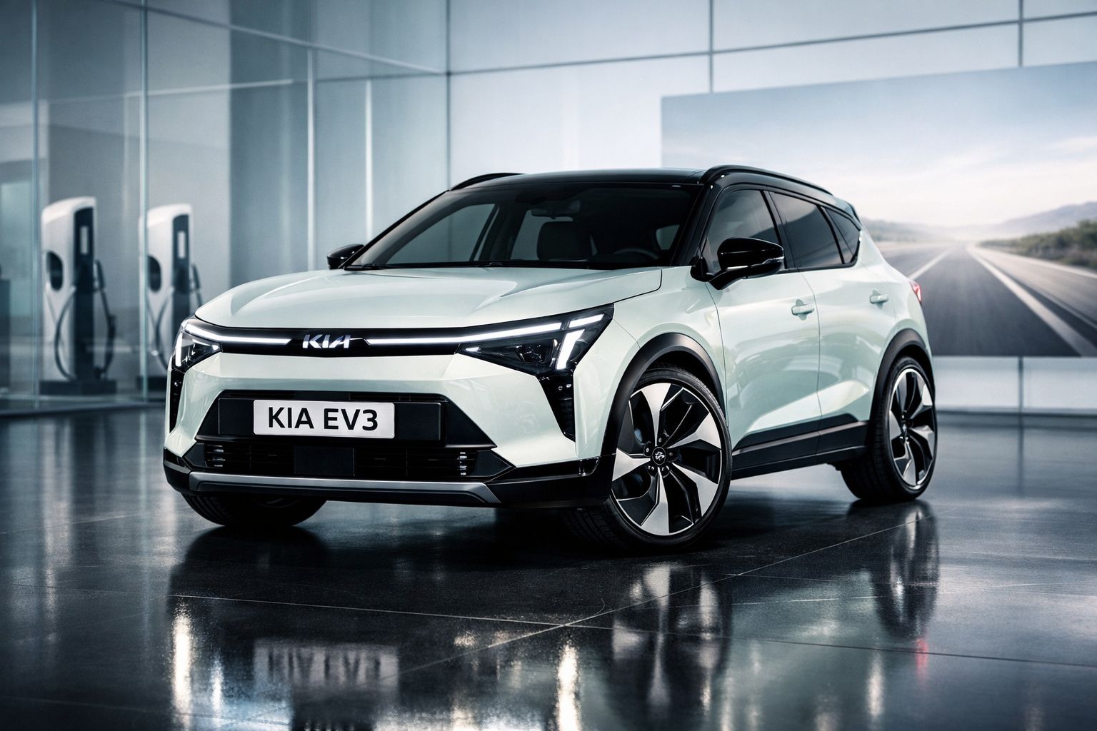 Carro elétrico Kia EV3 branco em exposição com design moderno e ambiente interno iluminado.