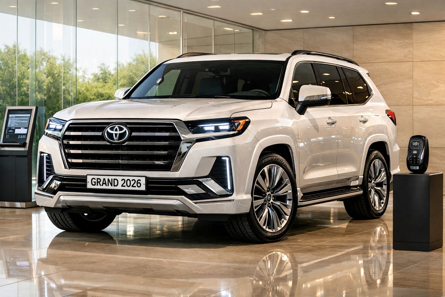 SUV branco Toyota Grand 2026 estacionado em showroom com piso de mármore e paredes de vidro.