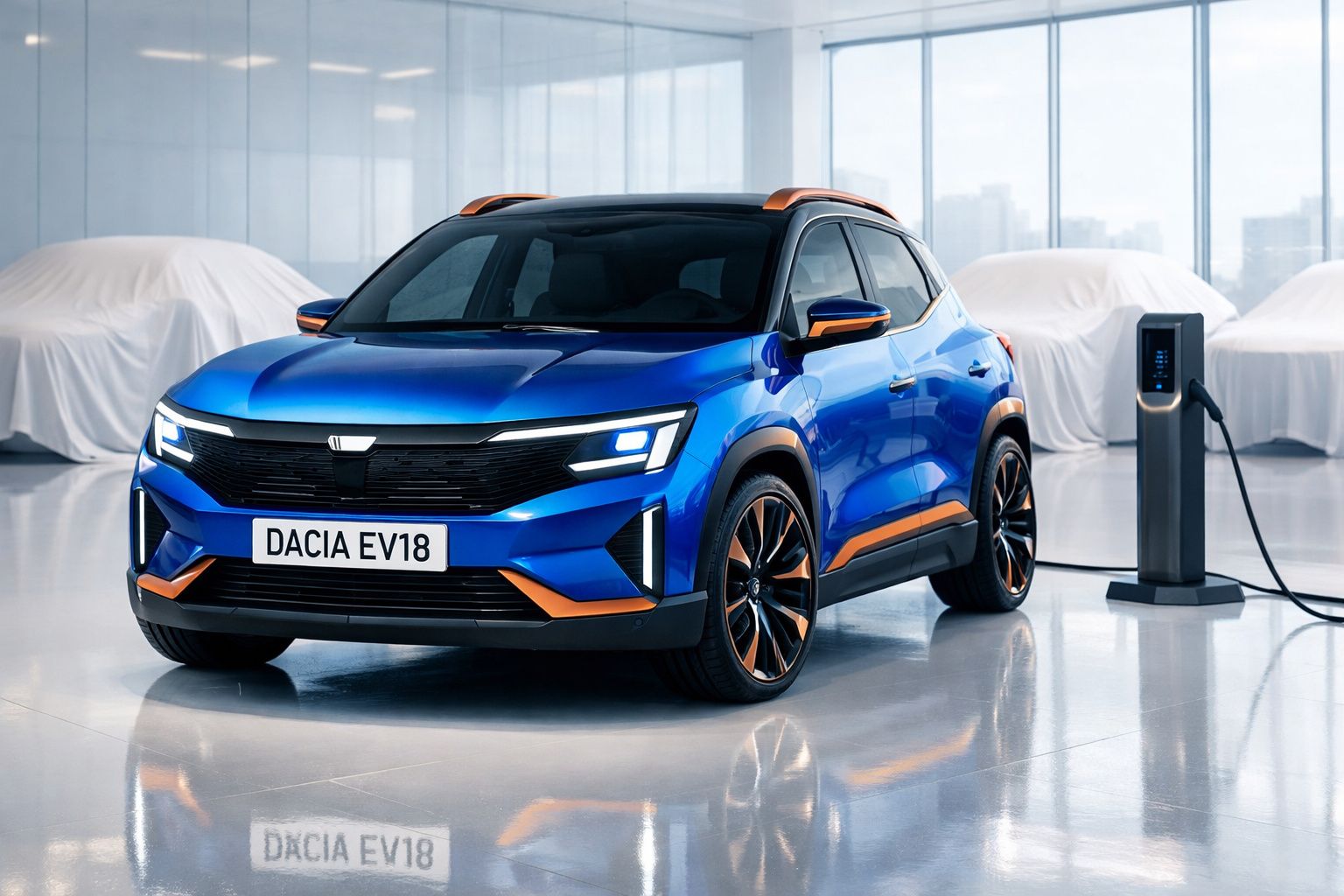 Carro elétrico azul Dacia EV18 conectado a estação de recarga em ambiente interno moderno.