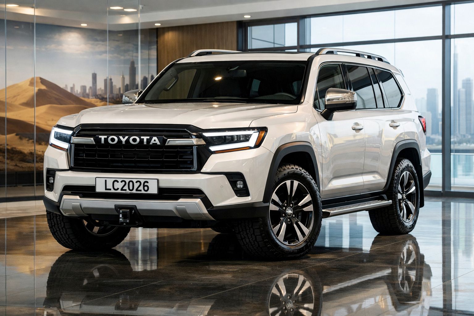 SUV branco Toyota Land Cruiser 2026 em ambiente interno com vidro refletindo a cidade ao fundo.