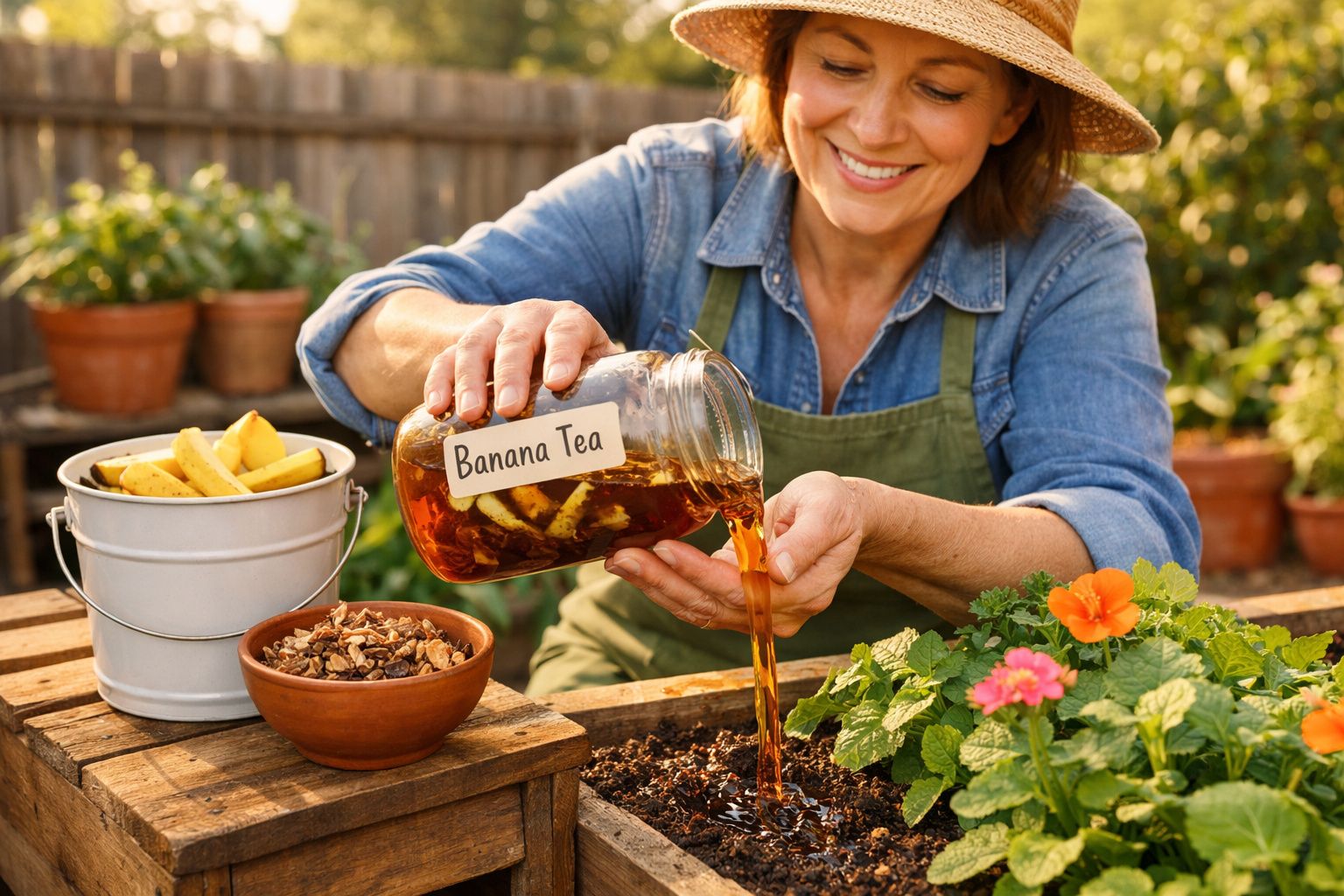 Mulher sorridente regando plantas com chá de banana em jarra rotulada no jardim ensolarado.