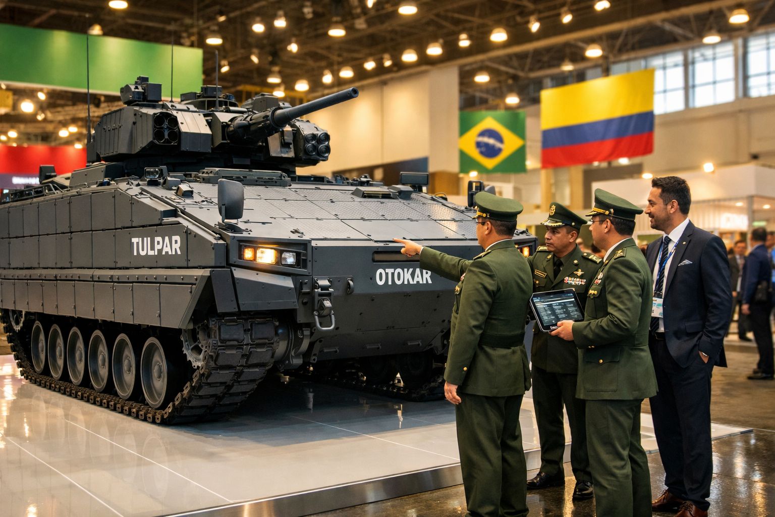 Blindado militar Tulpar exposto em evento, com oficiais e executivo em uniforme, bandeiras do Brasil e Colômbia ao fundo.