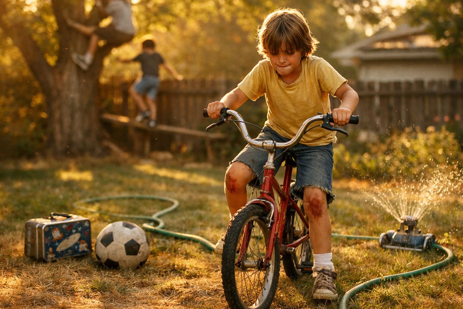 Criança com joelhos ralados andando de bicicleta vermelha em jardim com bola, mala e aspersor ligado ao fundo.