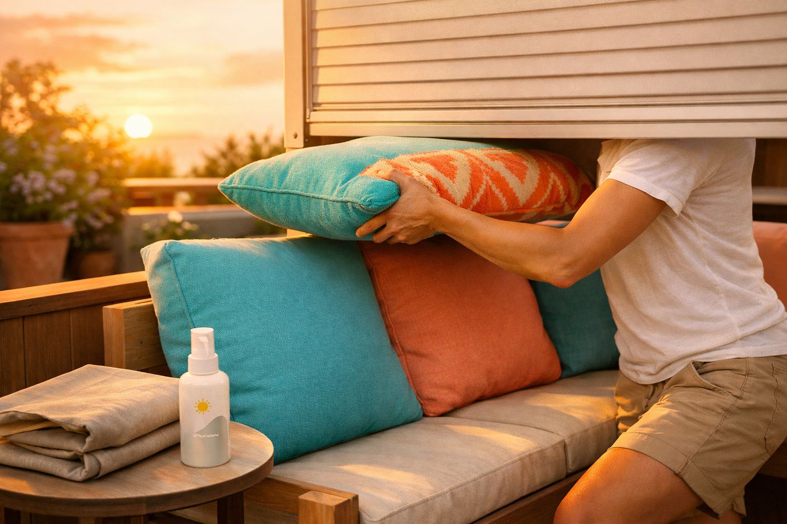 Pessoa organizando almofadas coloridas em sofá ao ar livre ao pôr do sol.