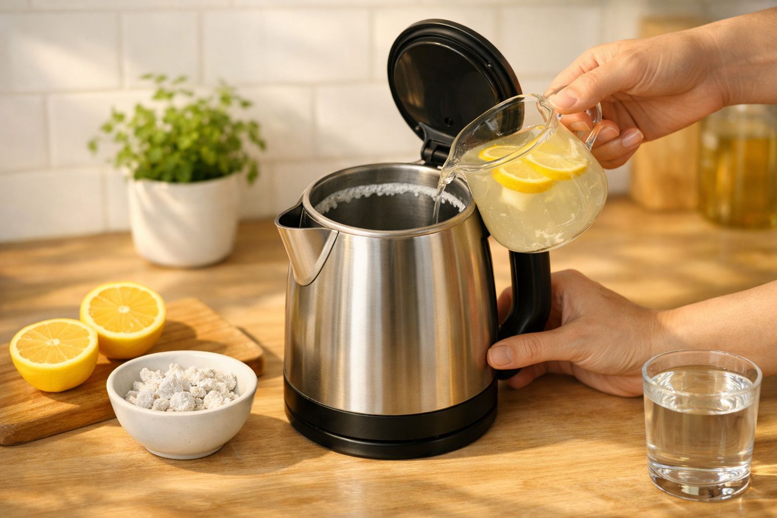 Pessoa despejando água com fatias de limão em chaleira elétrica em bancada de cozinha.