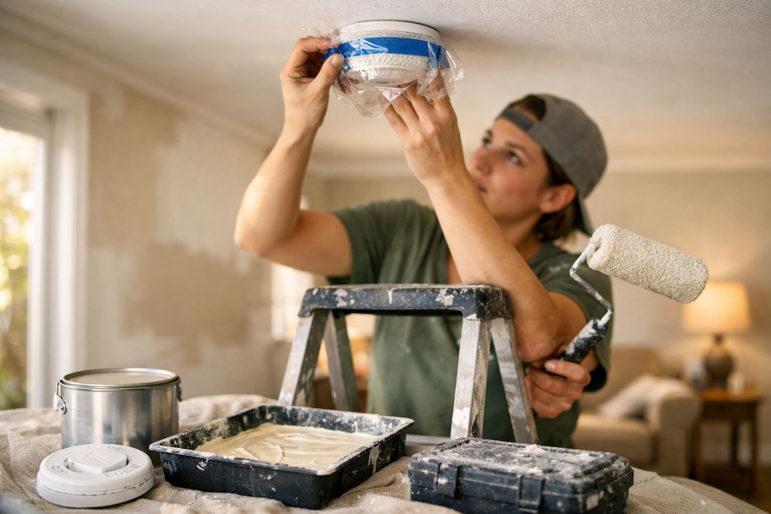 Pessoa em escada preparando rolo de pintura para pintar parede interna de casa.