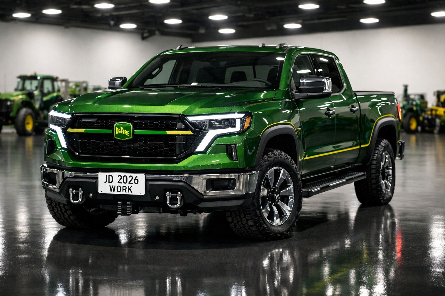 Picape verde John Deere 2026 Work estacionada em ambiente interno com tratores ao fundo.
