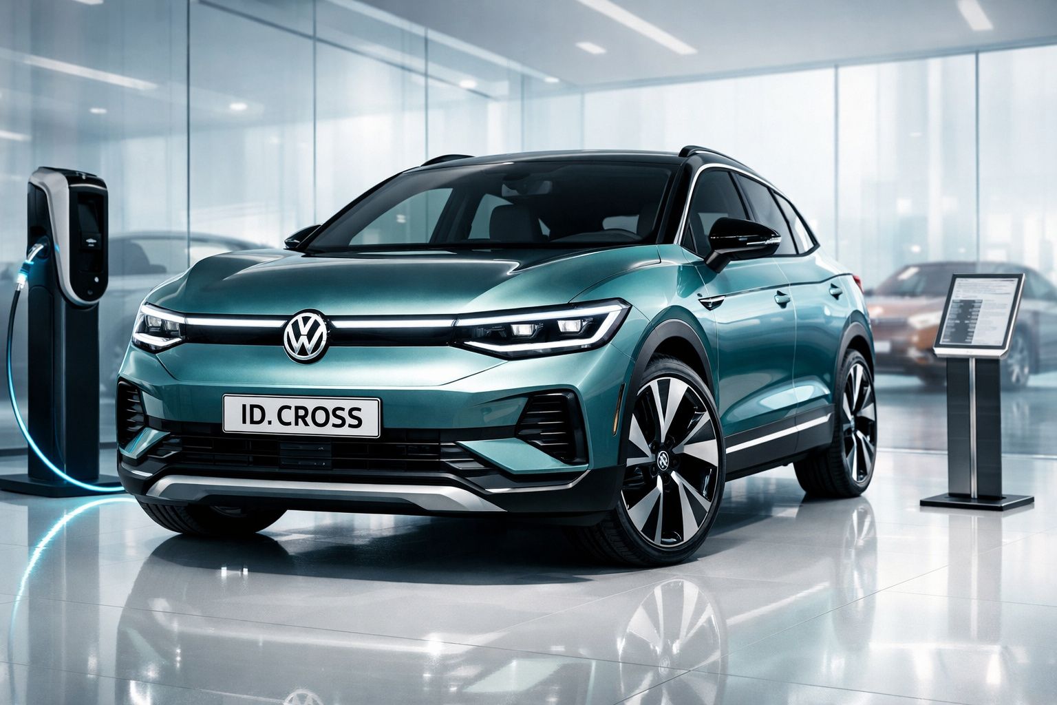 Carro elétrico Volkswagen ID. Cross azul carregando em estação em ambiente moderno e iluminado.