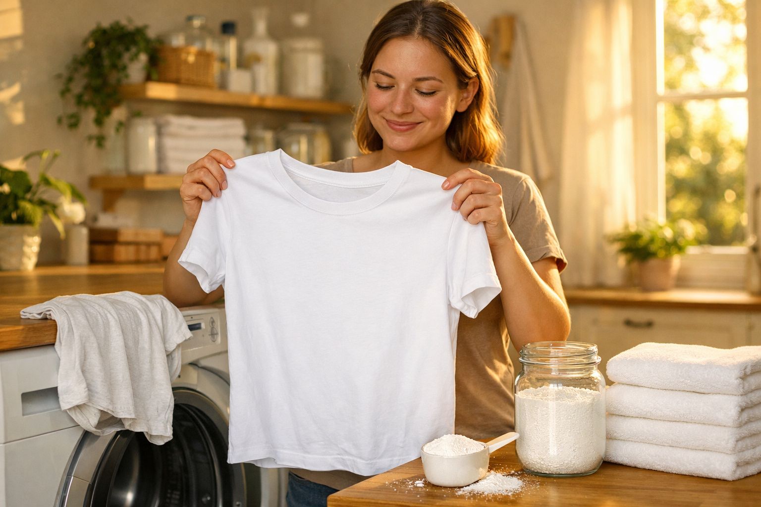 Mulher sorridente segurando camiseta branca limpa na lavanderia com máquina e produtos ao fundo.