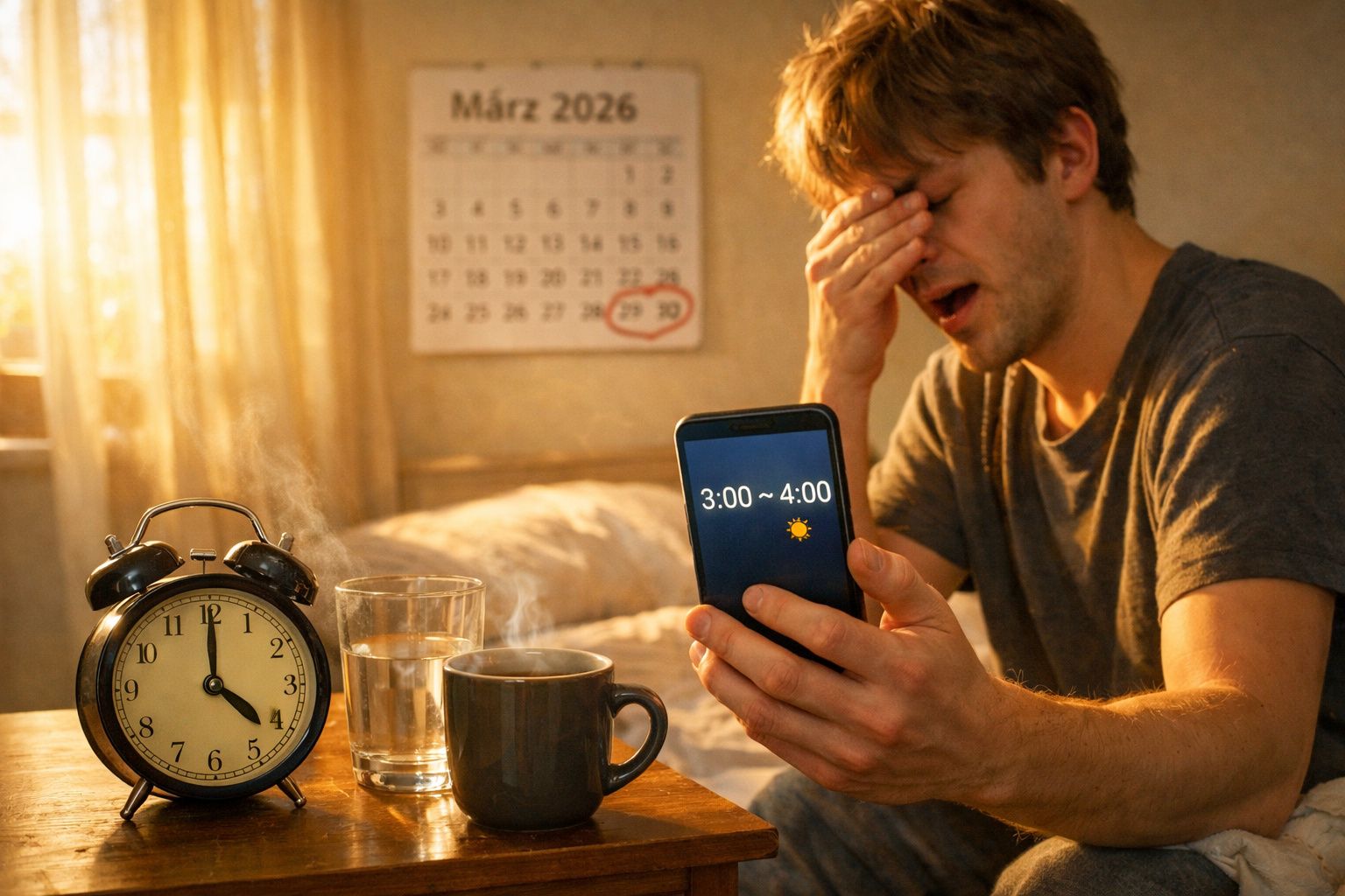 Homem cansado segurando celular com horário do alarme, relógio despertador, café e calendário ao fundo.