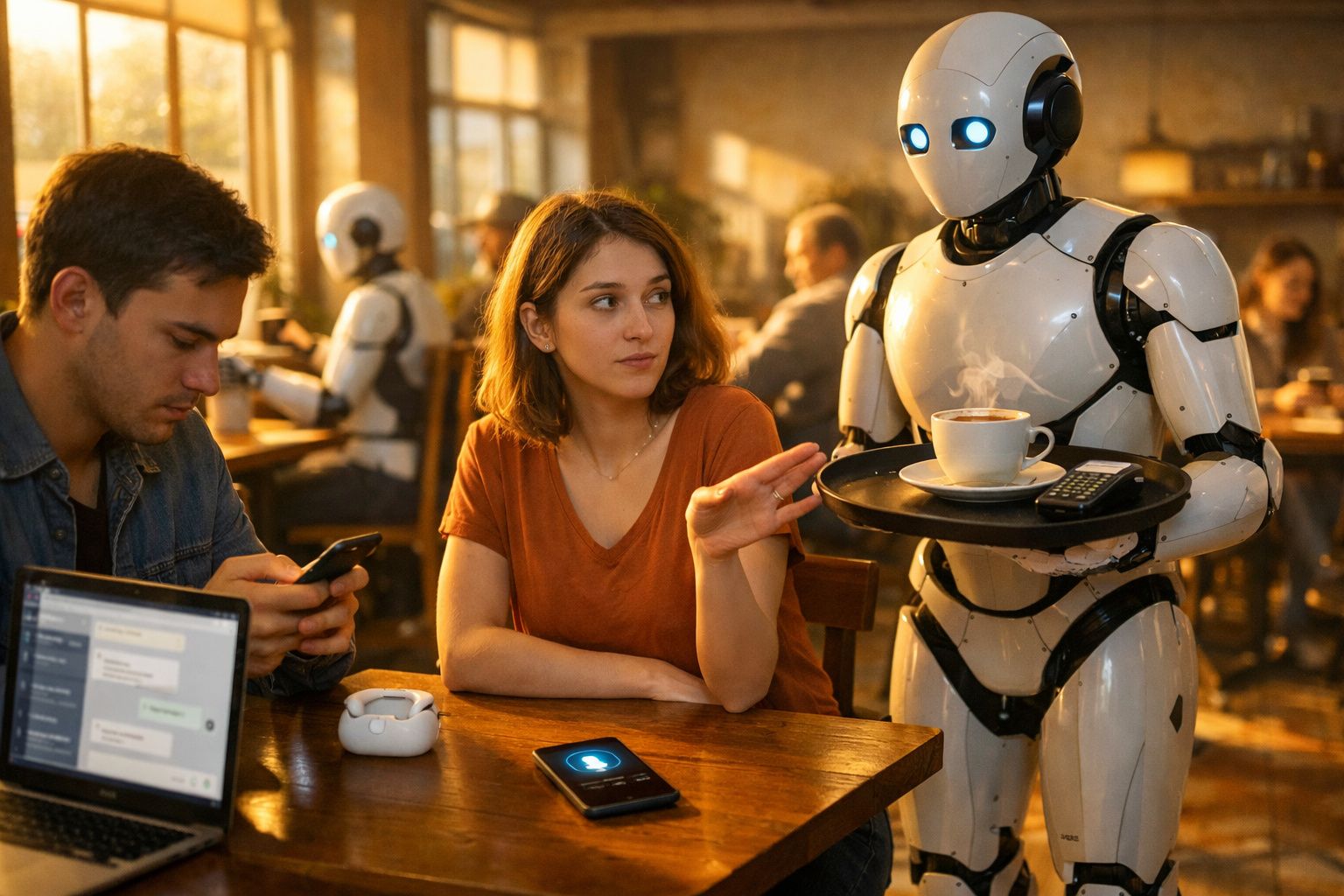 Mulher em cafeteria faz pedido para robô garçom que serve café em bandeja preta.