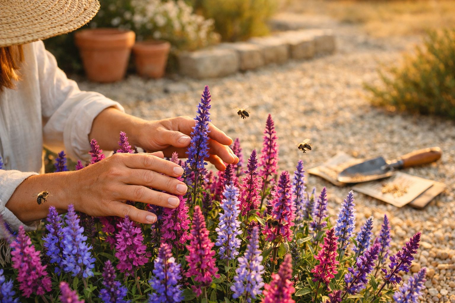 Pessoa cuidando de flores roxas e rosas em jardim com abelhas voando ao redor.