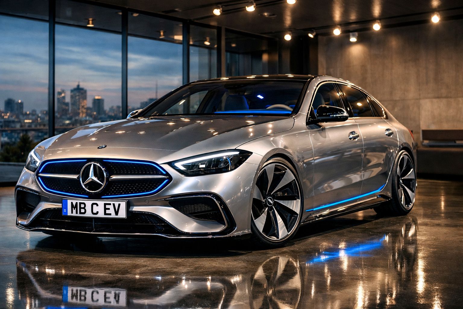 Carro Mercedes-Benz prata elétrico estacionado em área interna com iluminação e reflexos no chão.