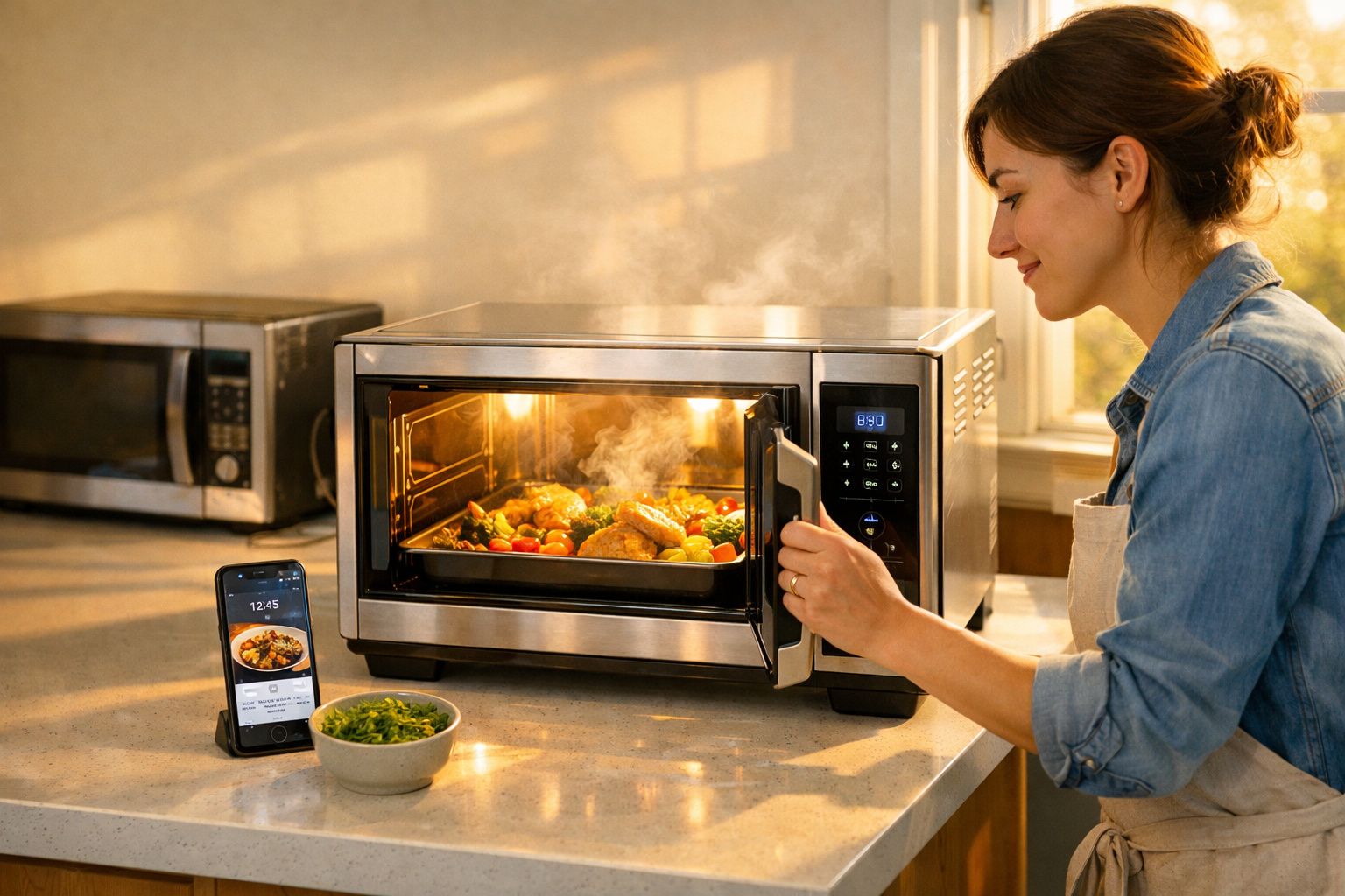 Mulher abrindo forno elétrico com comida assando e celular com receita na bancada da cozinha.