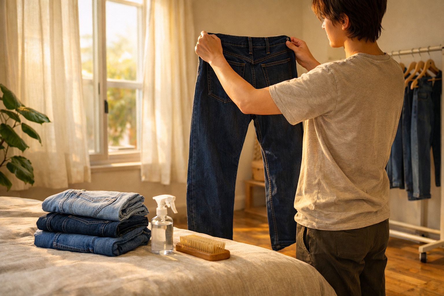 Pessoa segurando uma calça jeans azul, com outras dobradas sobre a cama e produtos para limpeza ao lado.
