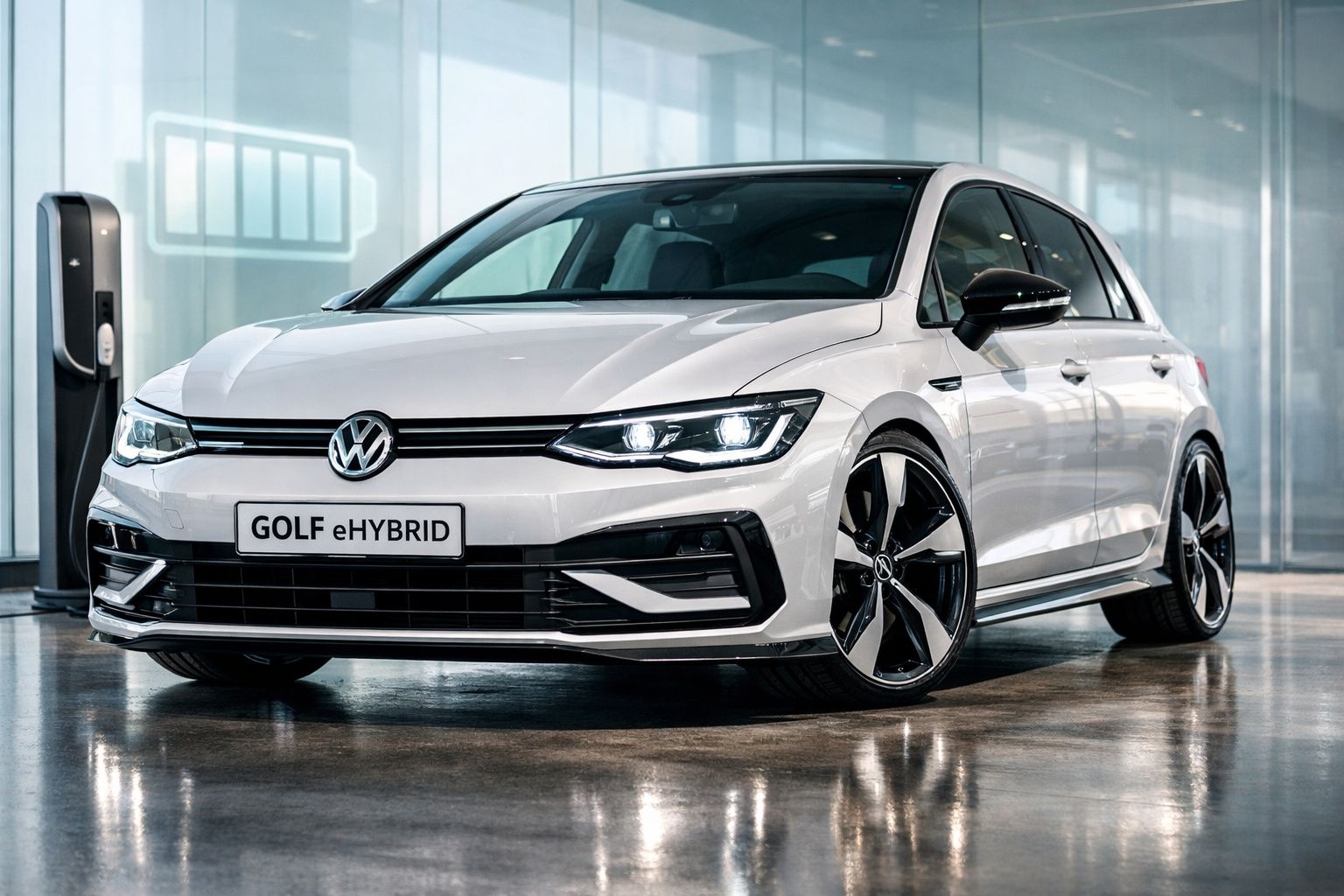 Carro branco Volkswagen Golf eHybrid estacionado em ambiente fechado próximo a estação de recarga.
