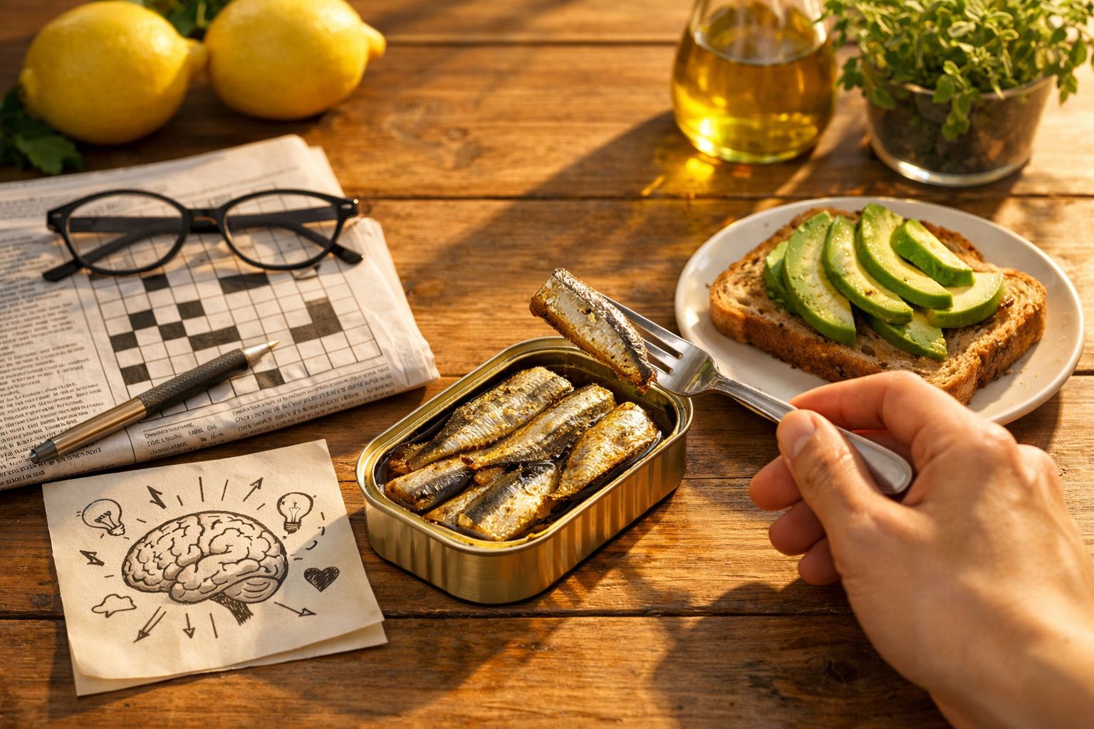 Pessoa pegando sardinha em lata com garfo, ao lado de pão com abacate, jornal, óculos e desenho de cérebro sobre mesa de made