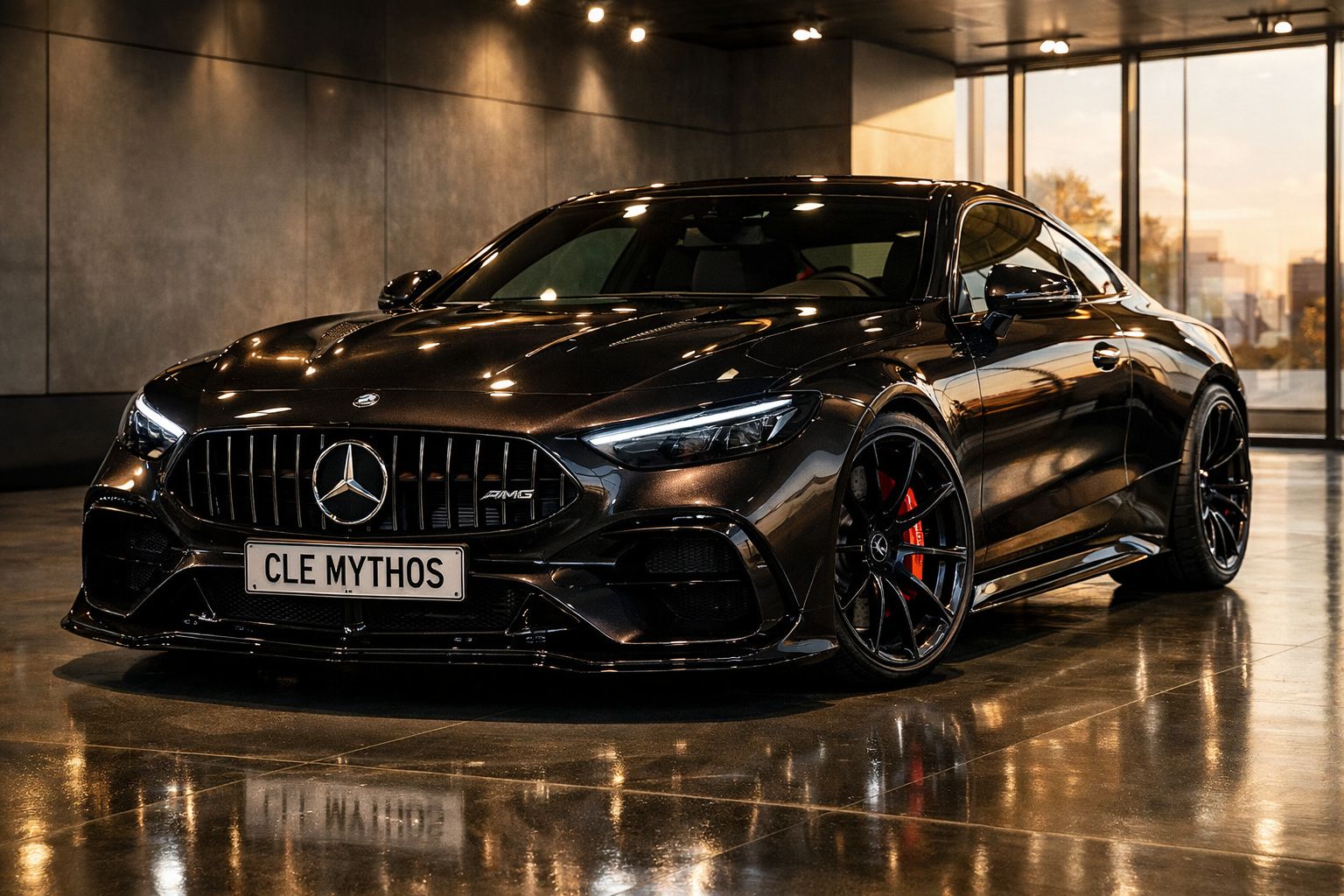 Carro esportivo Mercedes-Benz AMG preto com placa CLE MYTHOS em ambiente interno iluminado.