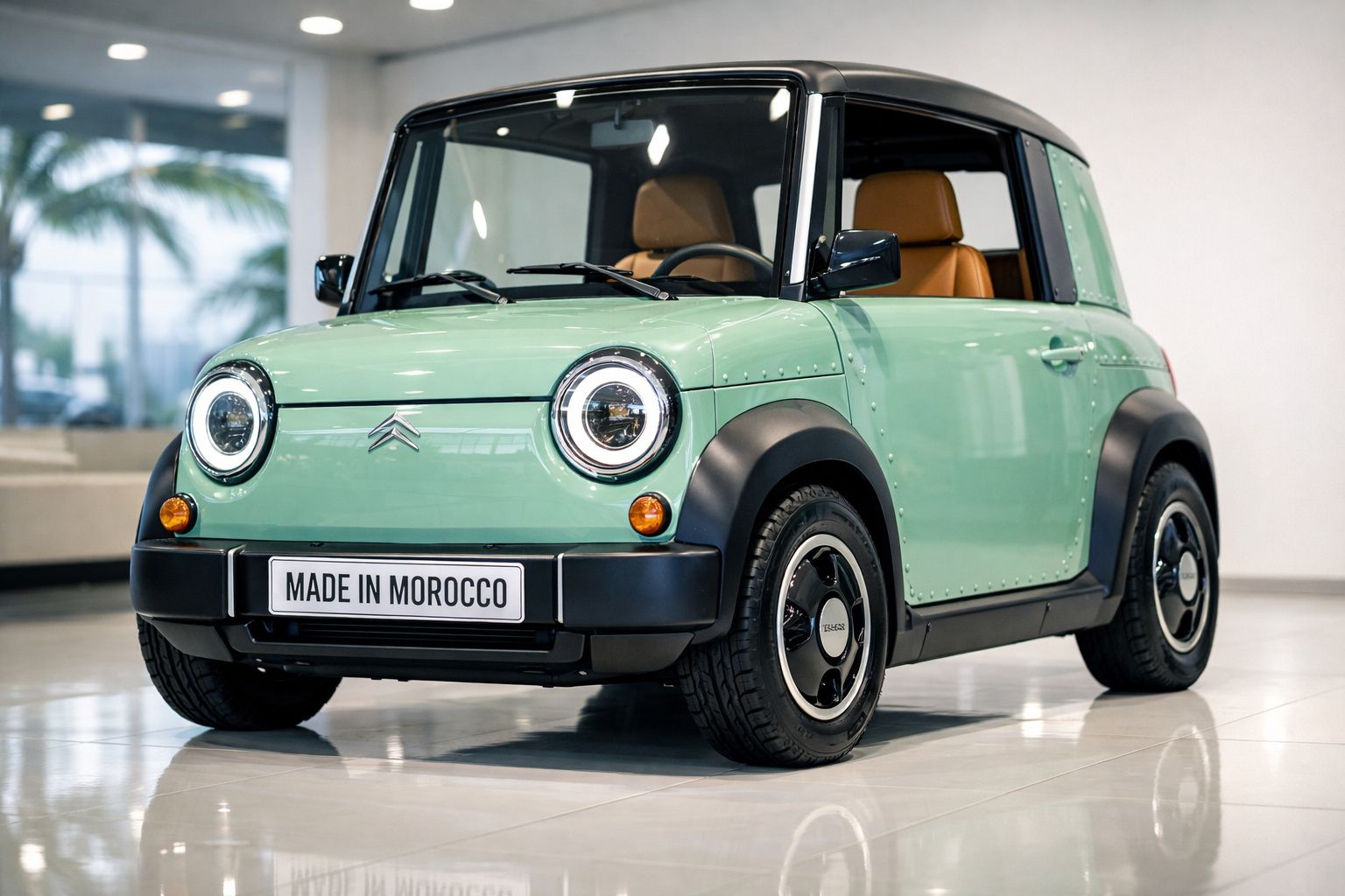 Carro Citroën elétrico verde menta, compacto, com teto preto e interior marrom em showroom.