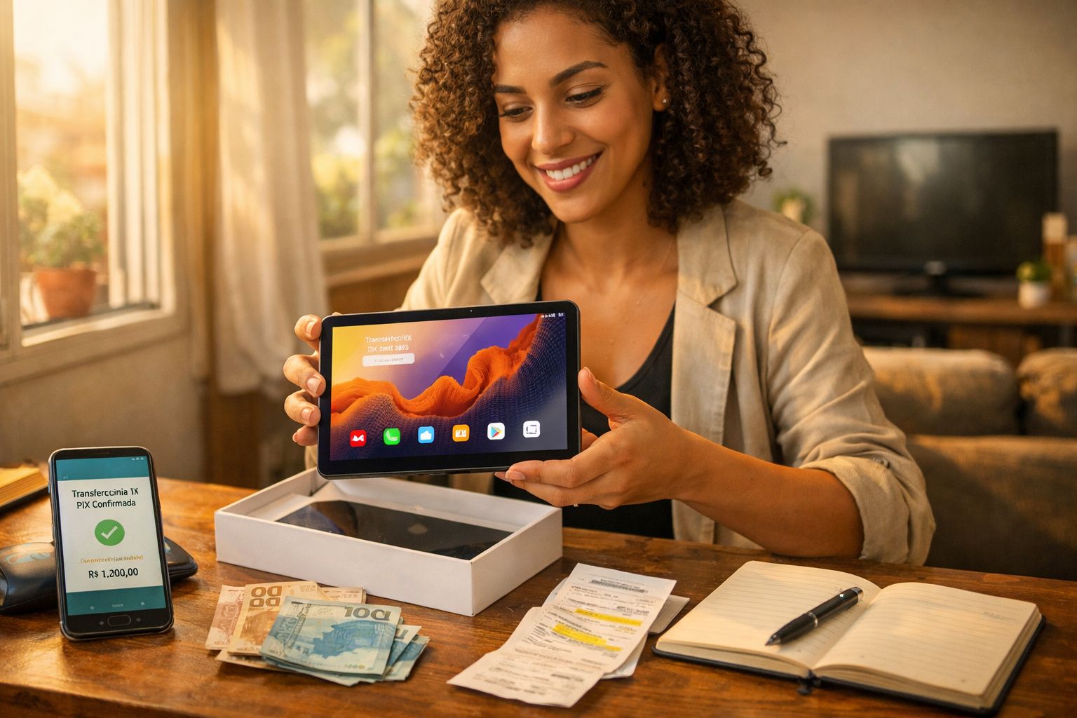 Mulher sorridente mostrando tablet novo enquanto tem dinheiro e comprovante de transferência na mesa.