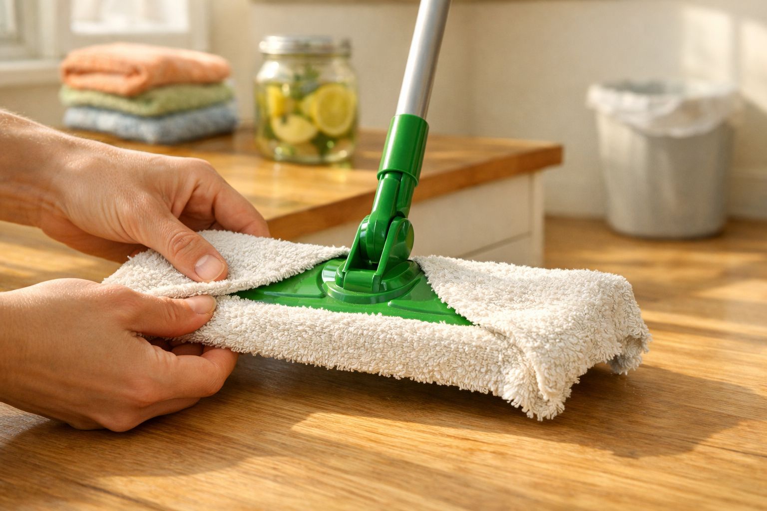 Mãos colocando capa de pano em um esfregão verde para limpar superfície de madeira.