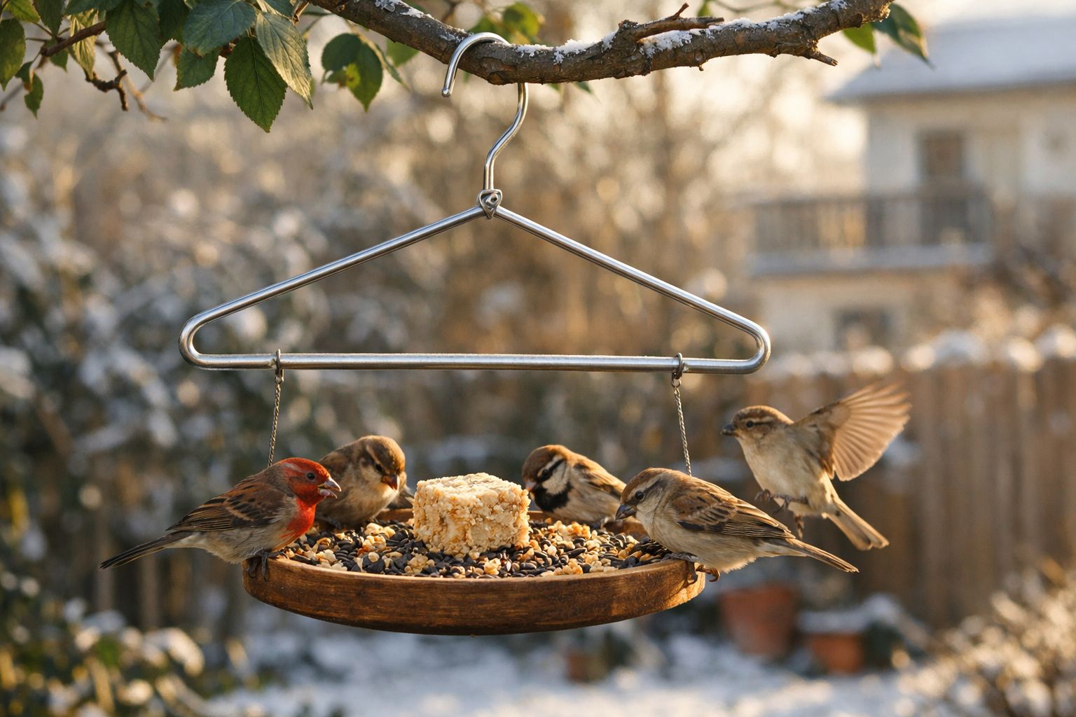 Pássaros alimentando-se em comedouro suspenso com sementes e bolo de gordura em jardim.