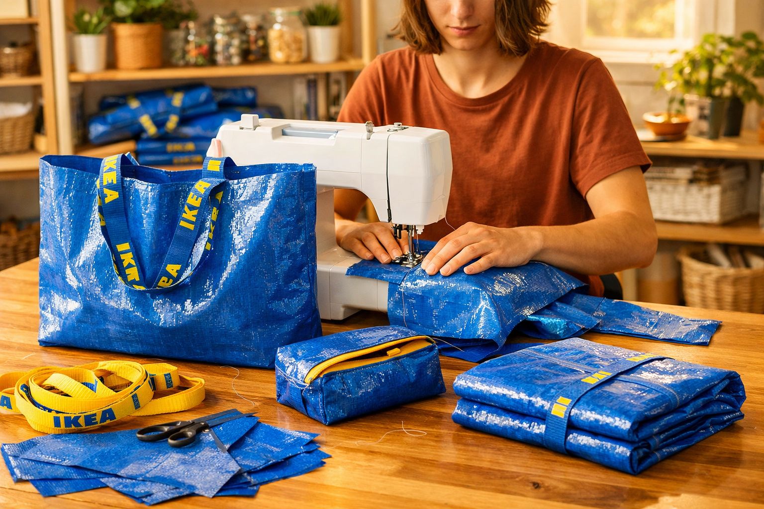 Pessoa costurando sacola azul da IKEA em máquina de costura, com outros itens azuis na mesa.