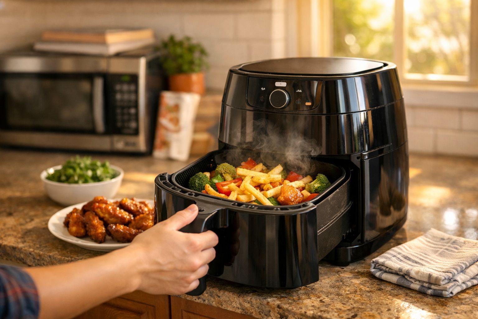 Mão retirando cesta com legumes e batatas fritas quentes de uma air fryer preta em cozinha iluminada.