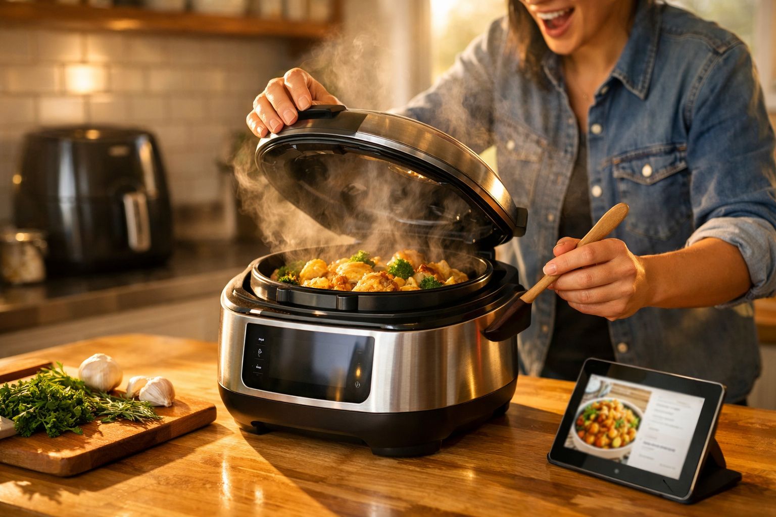 Pessoa abrindo panela elétrica com comida cozinhando e tablet com receita na cozinha.