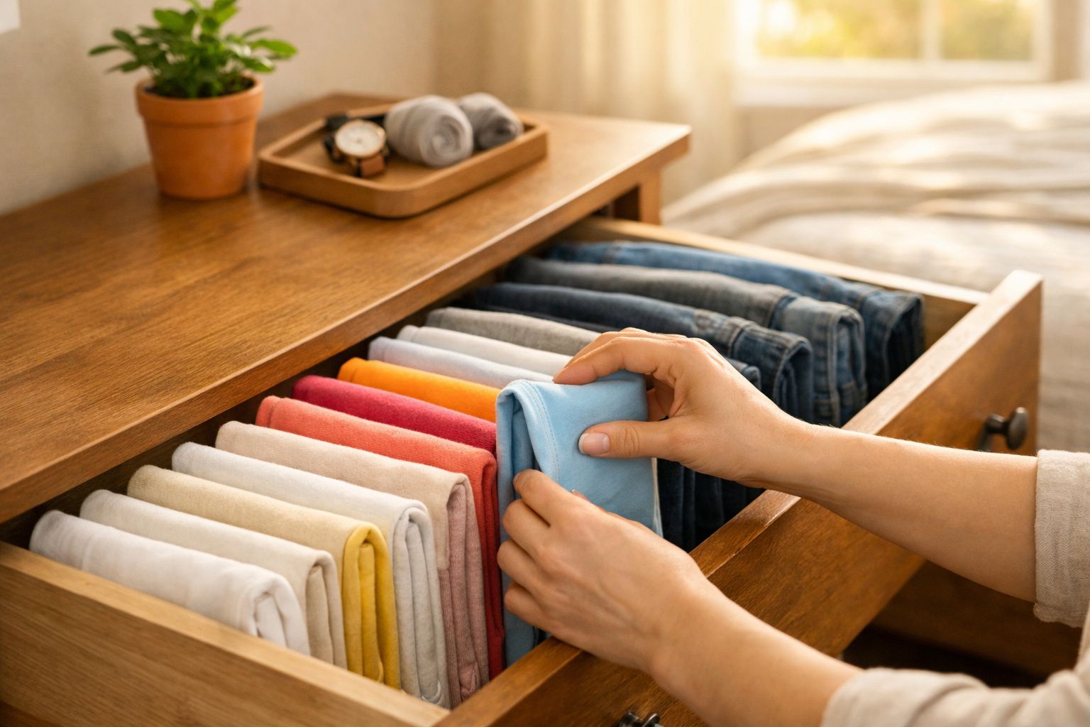 Mãos organizando roupas dobradas coloridas dentro de gaveta de madeira em quarto iluminado.