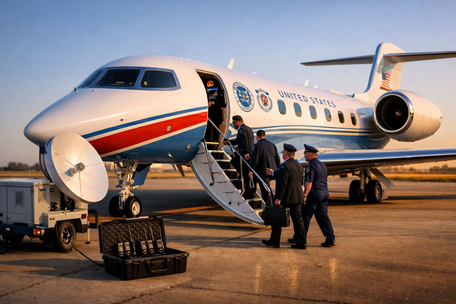 Avião presidencial dos Estados Unidos com oficiais em uniforme subindo a escada para embarque no pôr do sol.