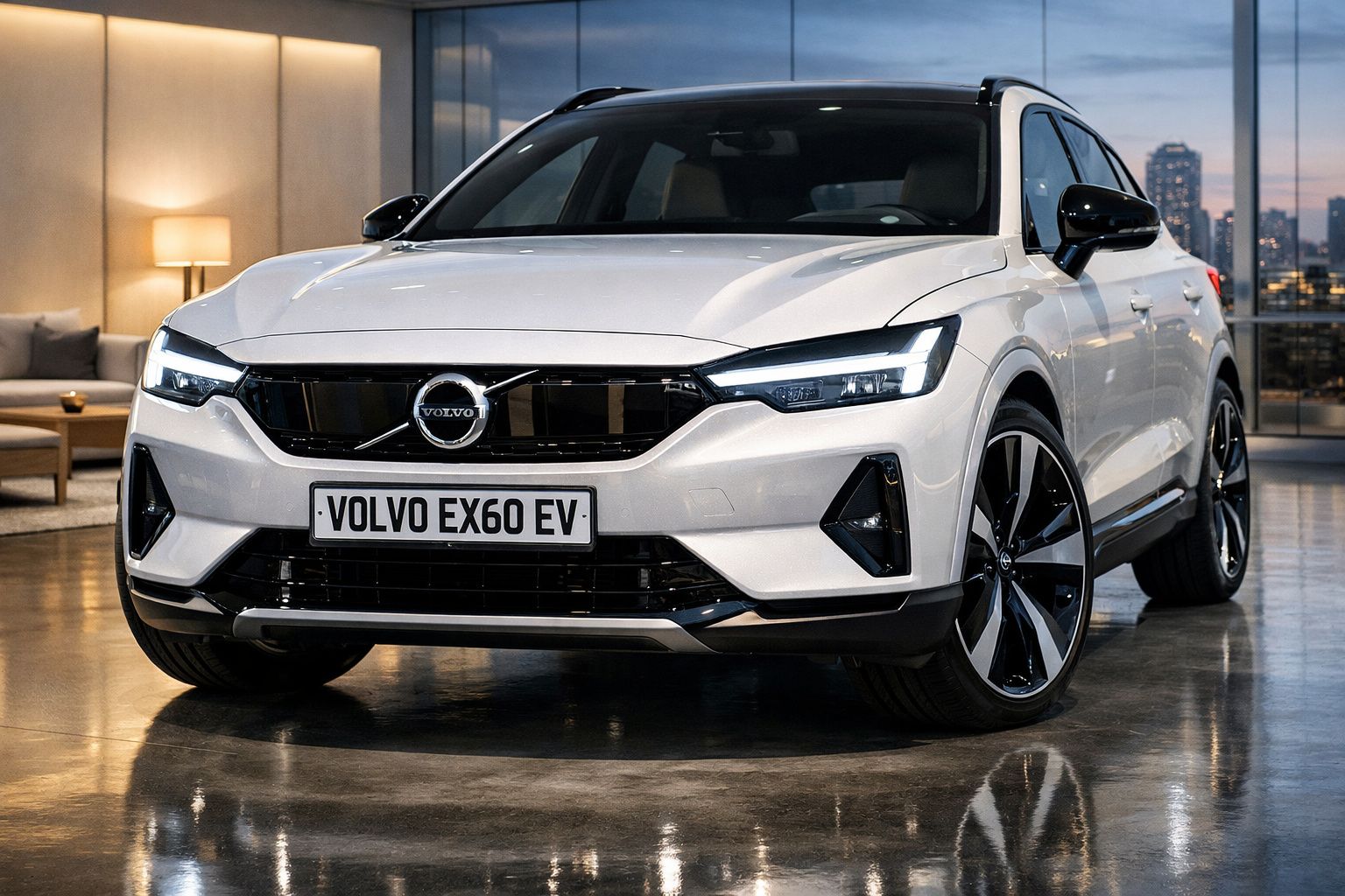 Carro branco elétrico Volvo EX60 EV estacionado em ambiente moderno com iluminação interna.