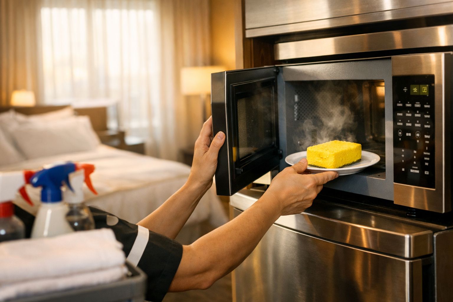 Pessoa retirando prato com bolo amarelo quente de micro-ondas em ambiente residencial.
