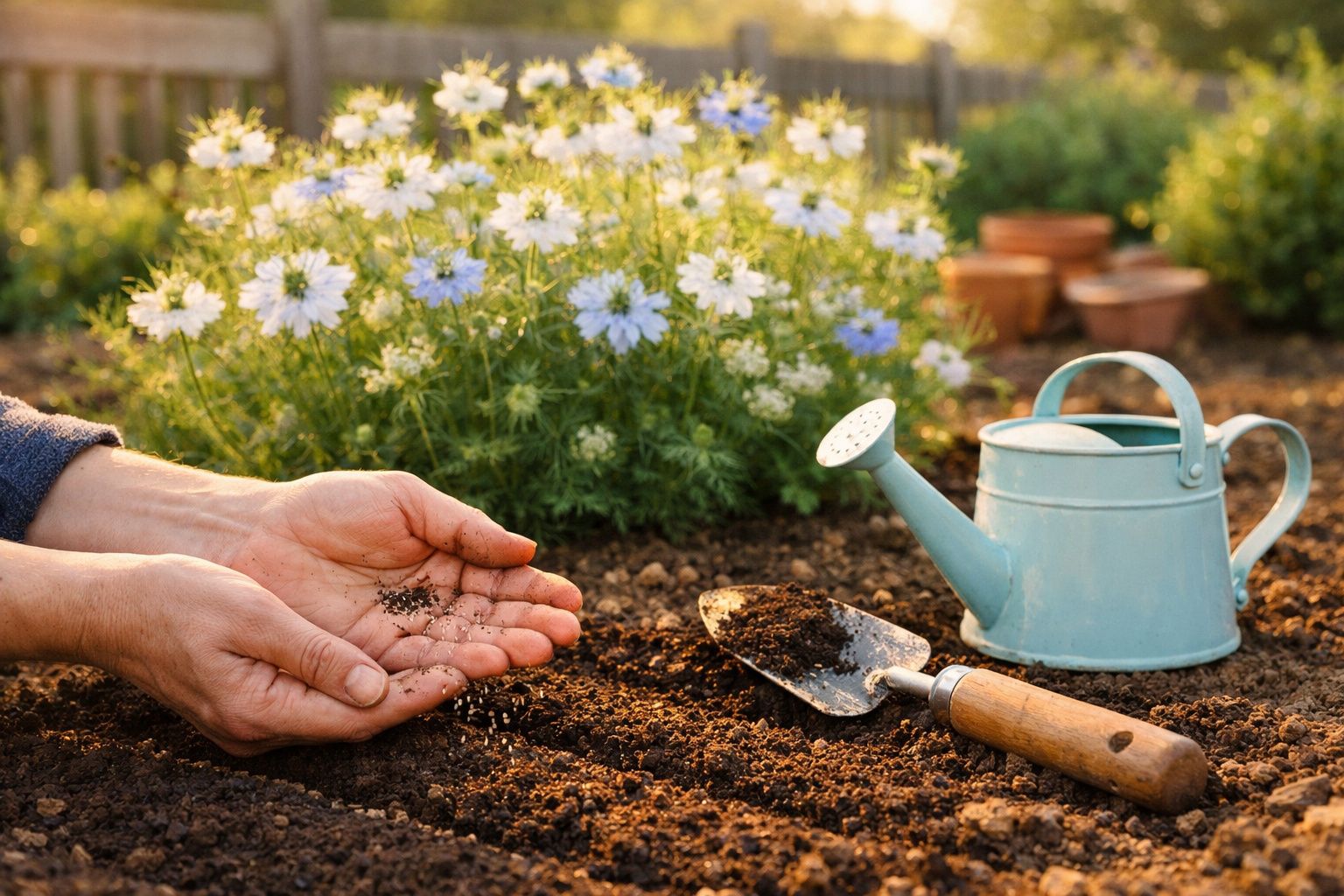 Mãos segurando sementes sobre terra, regador azul e pá de jardinagem ao lado, cercado por flores brancas.