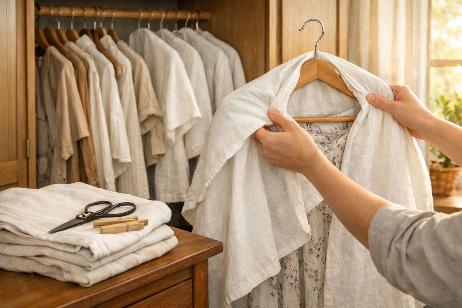 Pessoa organizando roupas brancas em cabides, com tesoura e pregadores sobre móvel de madeira.