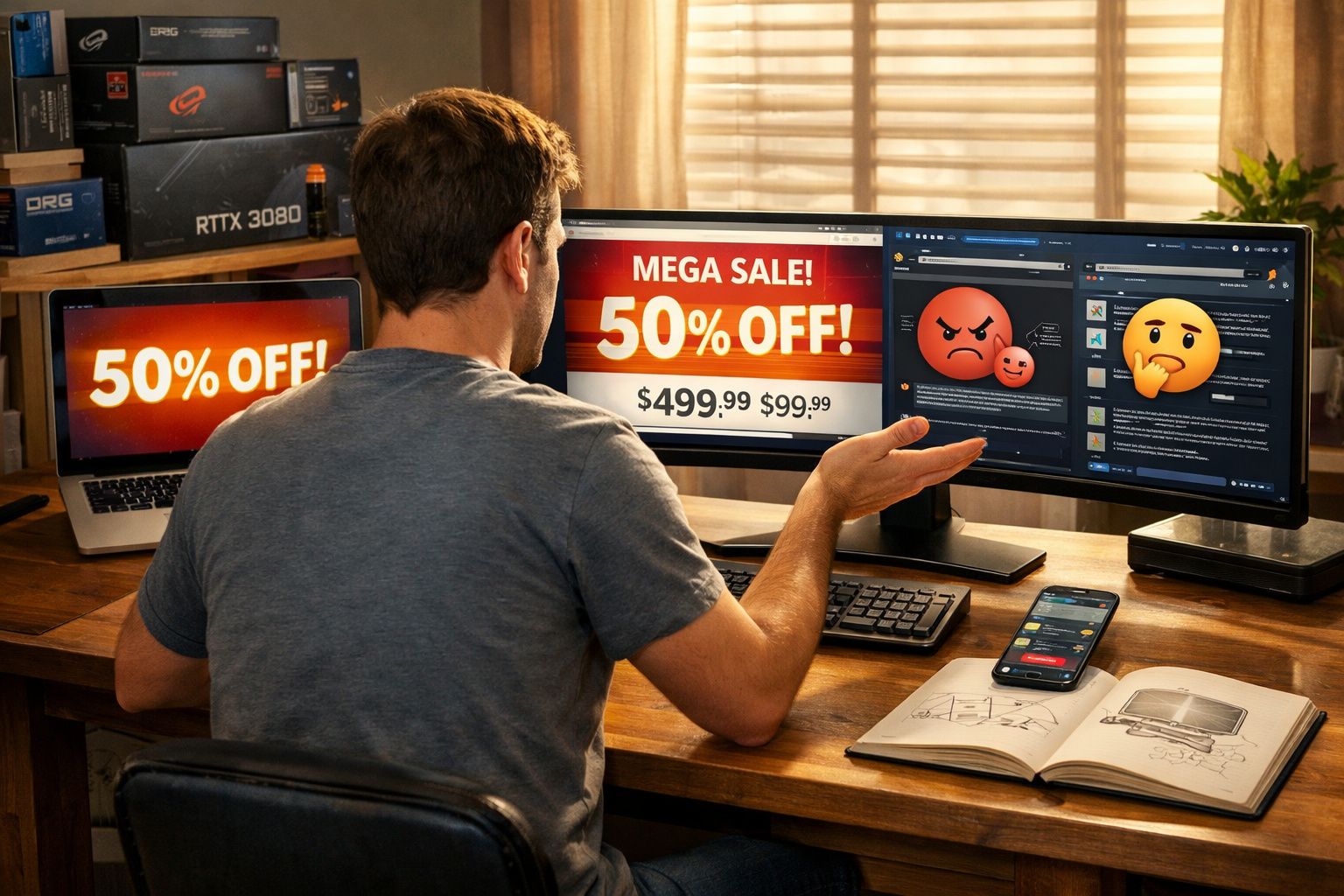 Homem sentado em mesa com três telas exibindo anúncios de promoção de 50% e emojis de discussão.