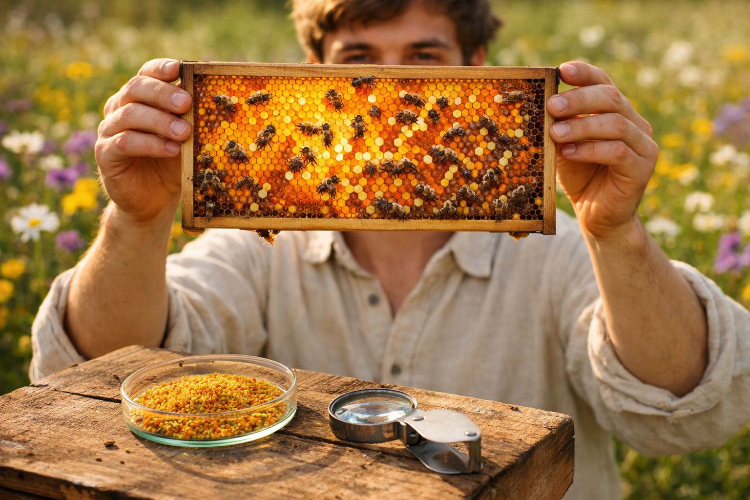 Apicultor segurando favo de mel com abelhas, com mesa de madeira e flores ao fundo.