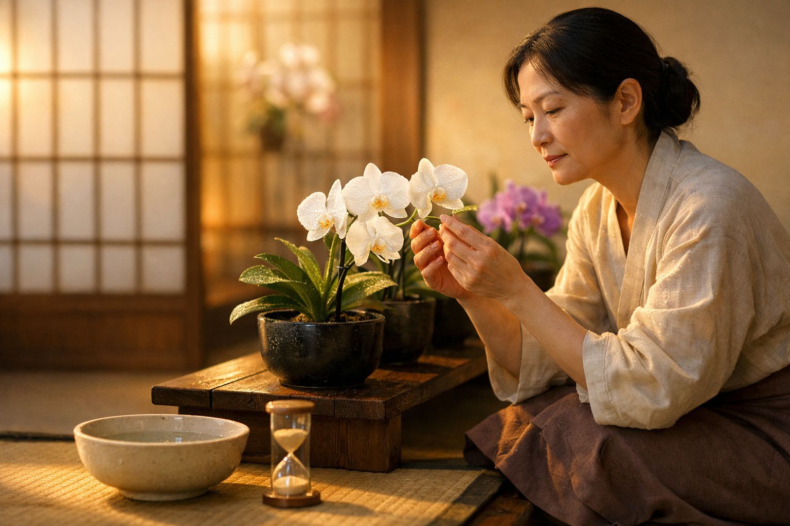 Mulher cuidando de orquídeas em vaso dentro de ambiente tradicional japonês iluminado.