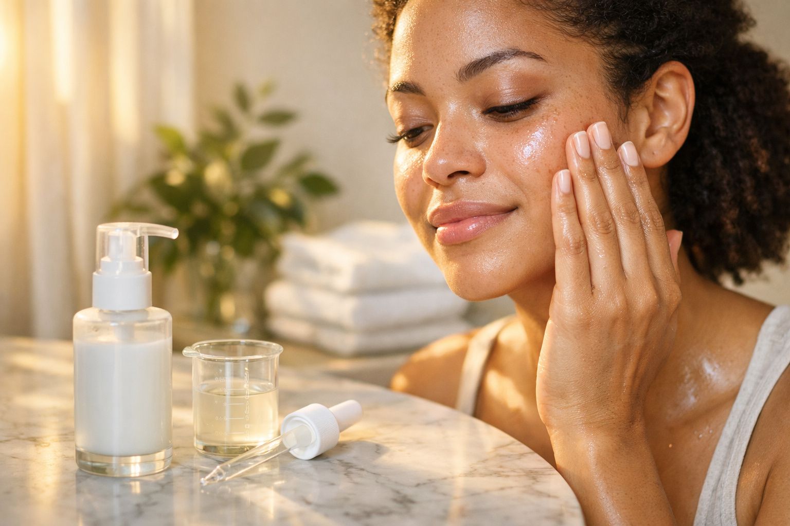 Mulher aplicando creme hidratante no rosto, com frascos de cosméticos sobre mesa de mármore.