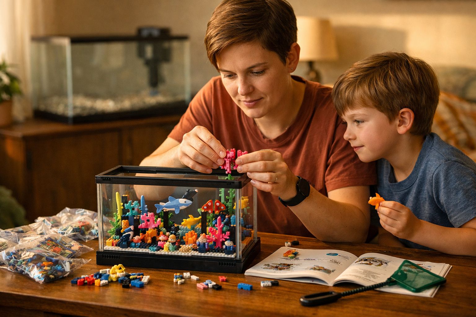 Adulto e criança montando aquário de blocos de montar coloridos em mesa de madeira.