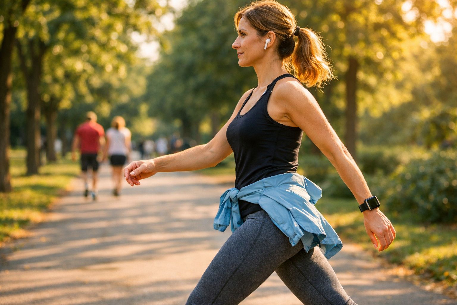 Mulher fazendo alongamento em parque ensolarado, vestindo roupa esportiva e fones de ouvido.