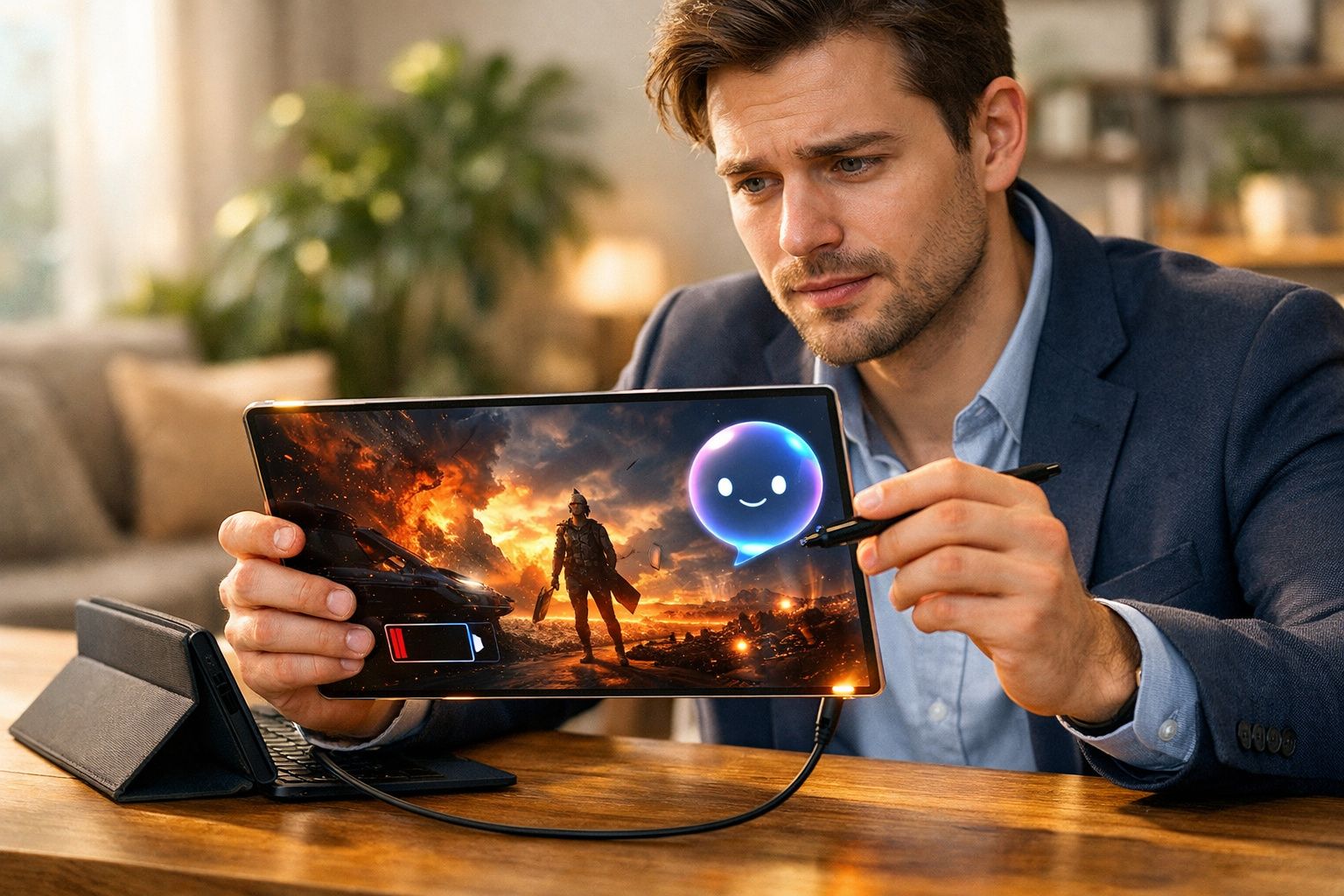 Homem analisando jogo de tablet com cenário de guerra e ícone de bateria baixa na tela.