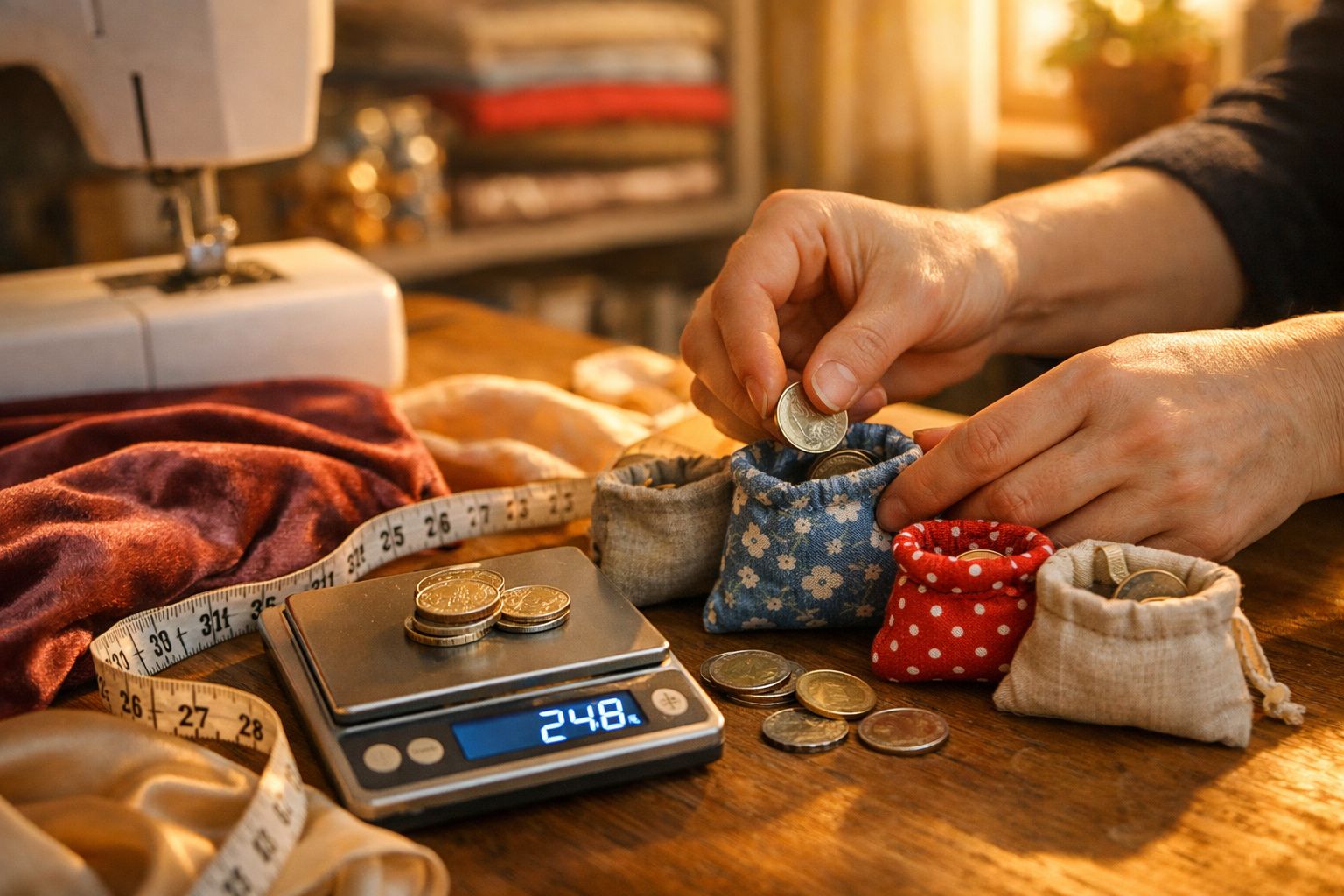 Mãos colocando moedas em sacos coloridos com balança digital, fita métrica e tecido ao fundo.
