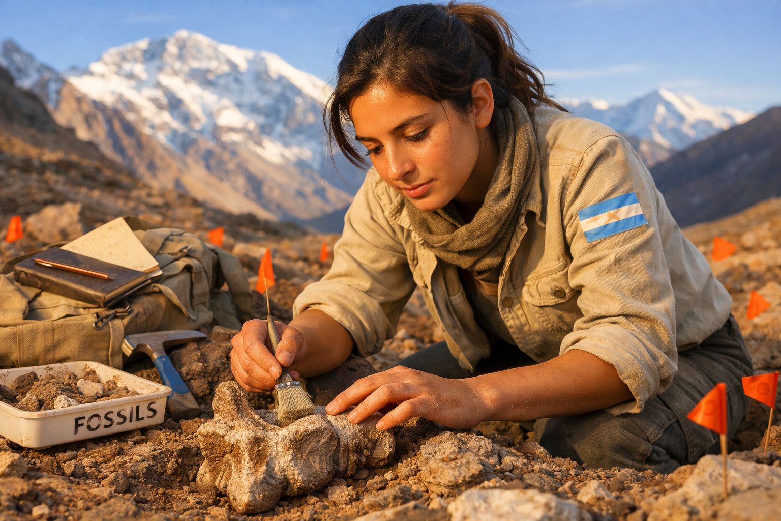 Jovem arqueóloga escava fósseis com pincel em terreno rochoso, cercada por bandeiras laranja e mochila.