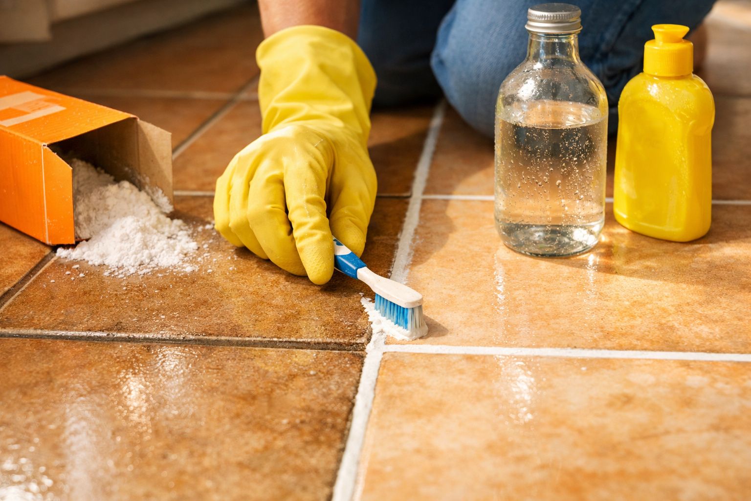 Mão com luva amarela limpando rejunte de piso cerâmico com escova pequena e produtos de limpeza.
