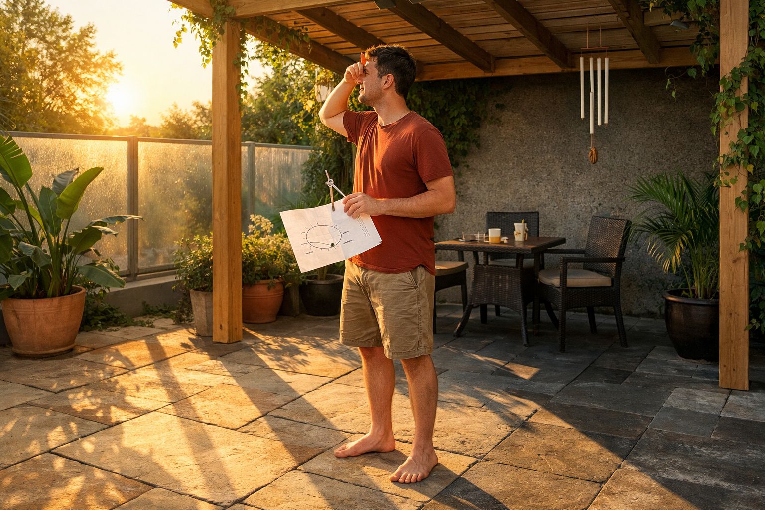 Homem descalço segurando diagrama, olhando para o pôr do sol em varanda com plantas e mesa ao fundo.