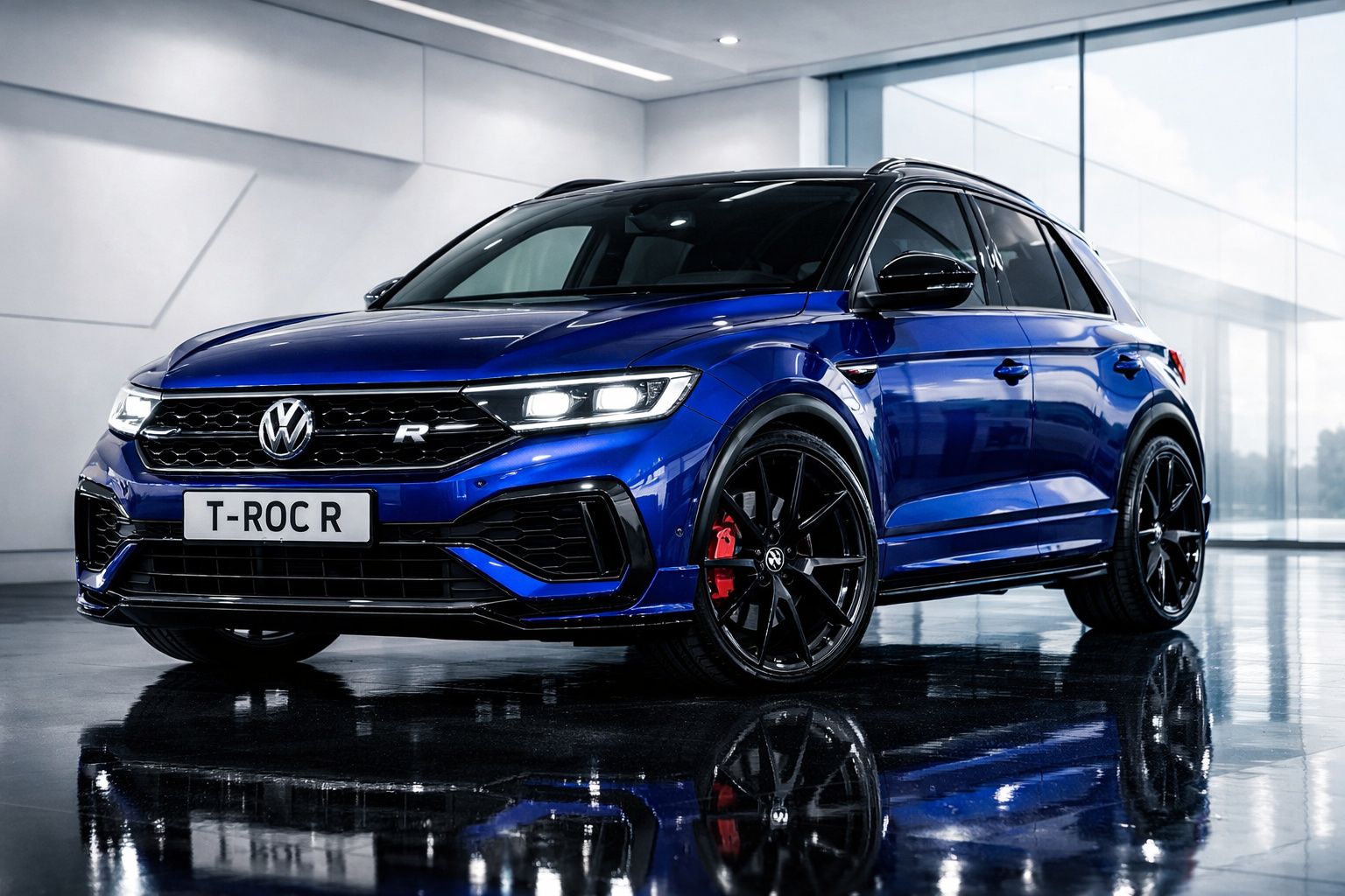 Carro esportivo Volkswagen T-Roc R azul em ambiente interno moderno e refletivo.
