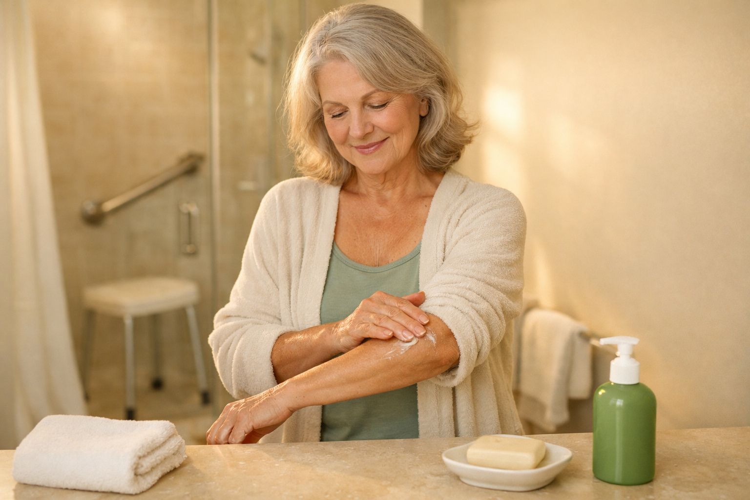 Mulher madura aplicando creme no braço em banheiro iluminado e aconchegante.