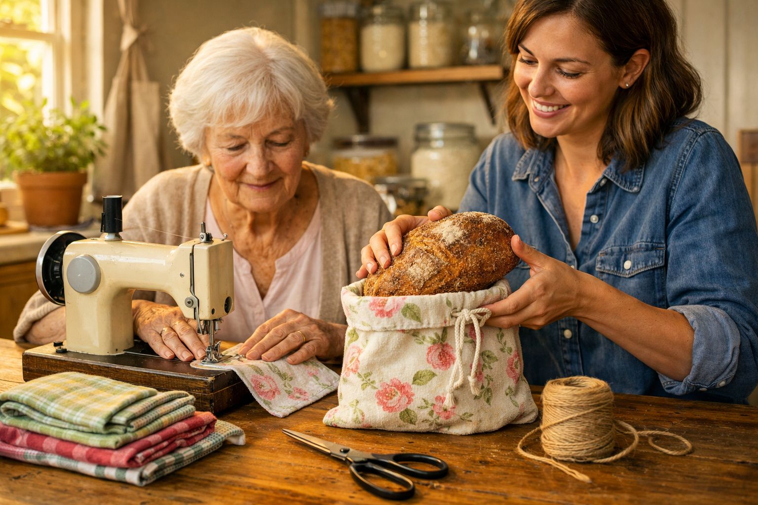 Mulher idosa costurando em máquina antiga enquanto jovem guarda pão em saco de tecido floral.
