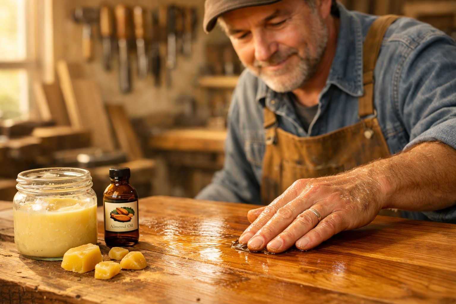 Homem aplica óleo de amêndoas em superfície de madeira em oficina de marcenaria.